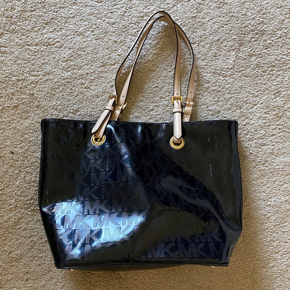 Michael Kors Grab Bag Convertible Tote Bag MK Signature MIRROR METALLIC Black